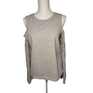 Vince Camuto Womens Blouse Cold Shoulder Striped Sleeves Crew Neck Gray Medium